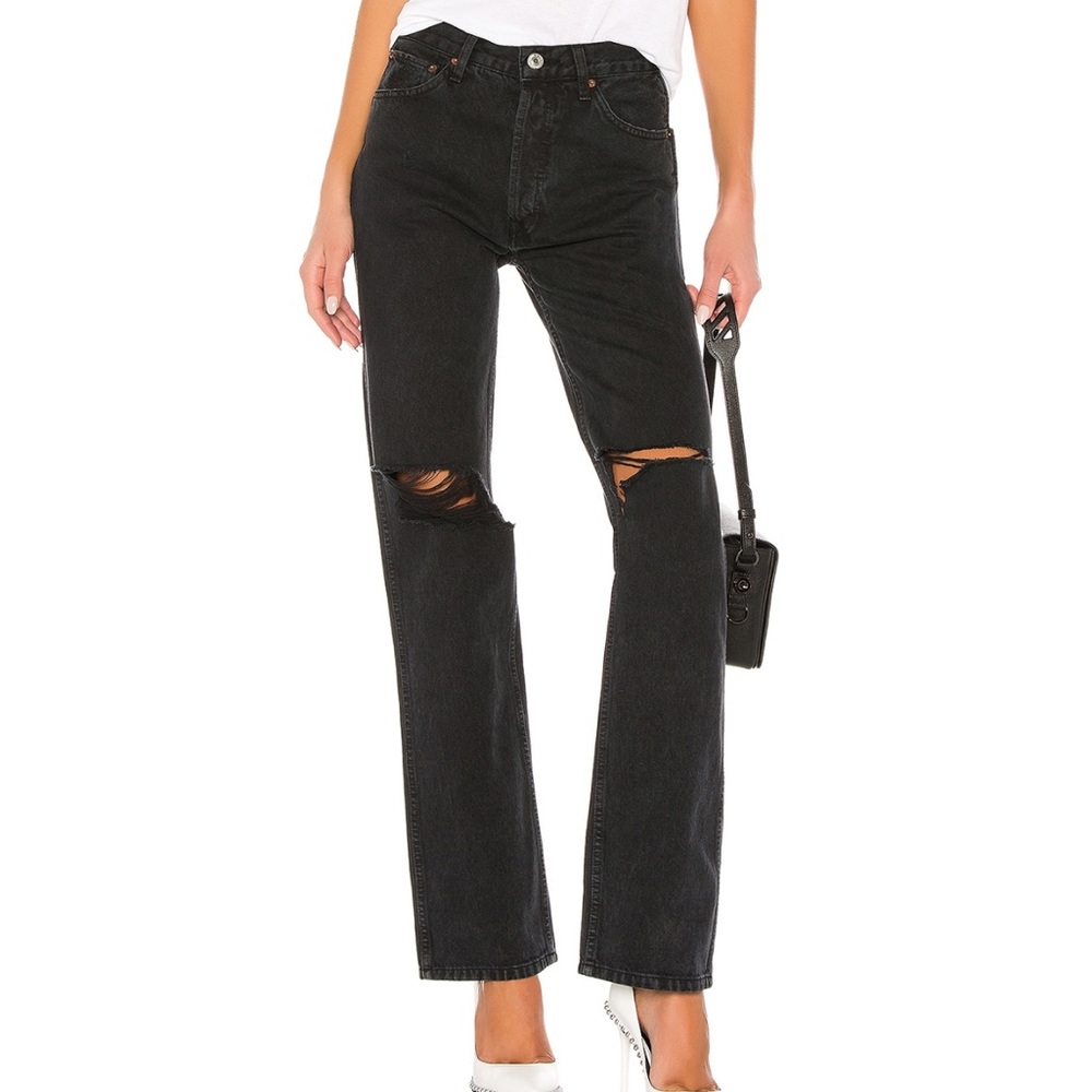 RE/DONE NWOT Originals High Rise Loose Jeans in Washed Black With Rips Size 24